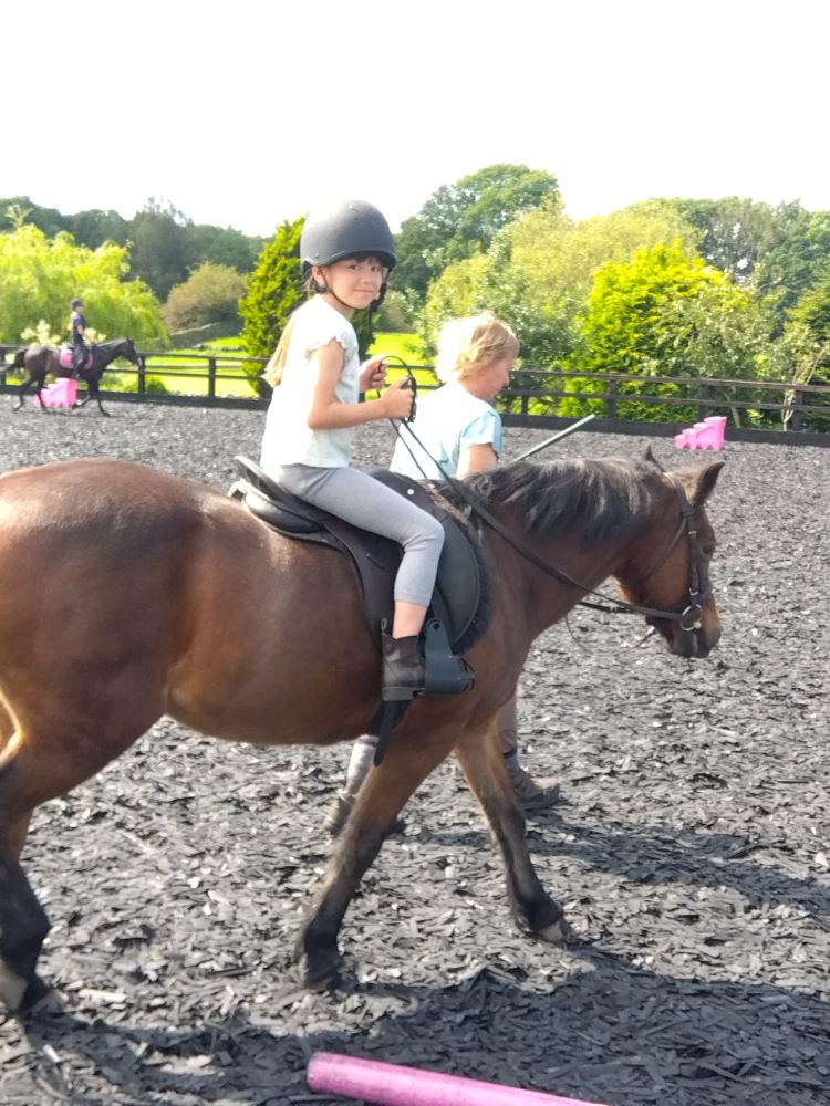 Little girl rides a horse for the first time